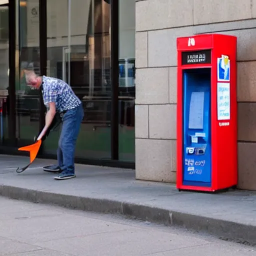 Prompt: man kicked in the head by a foot coming through the handset of a pay phone