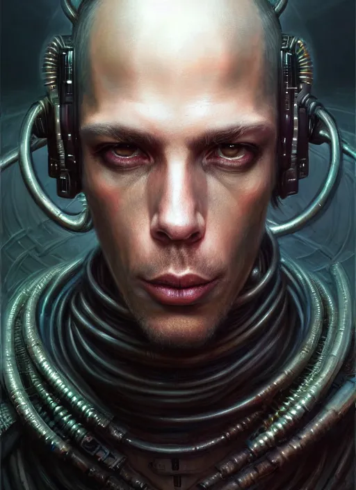 Prompt: portrait shot of a cyberpunk male in a scenic dystopian environment, intricate, elegant, highly detailed, centered, digital painting, artstation, concept art, smooth, sharp focus, illustration, artgerm, tomasz alen kopera, peter mohrbacher, donato giancola, joseph christian leyendecker, wlop, boris vallejo