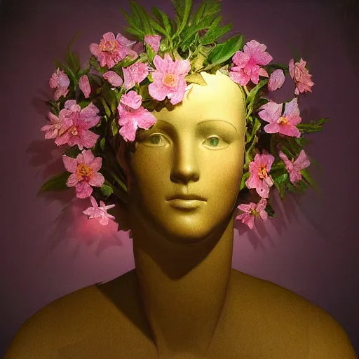 Prompt: award winning masterpiece with incredible details, a surreal vaporwave vaporwave vaporwave vaporwave vaporwave painting by Thomas Cole of an old pink mannequin head with light beaming out of its eyes, flowers growing out of its head, sinking underwater, highly detailed, WOW