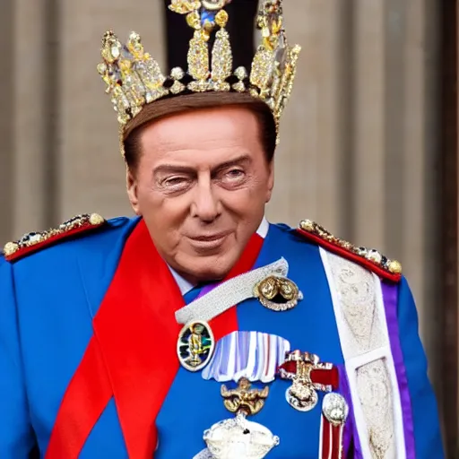 Image similar to Silvio Berlusconi Is crowned queen of England, photo-realistic, 8k, historical photo