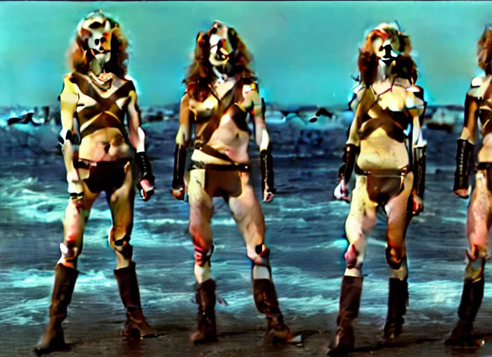 Image similar to film still charlie's angels ( 1 9 7 6 ) as a viking women with weapons, wearing skin - tight futuristic valkerie bikinis, rough seas in background, lightning storms, water world, mad max, barbarella, conan, hyper - realistic, highly detailed, accurate, 8 k octane render, 2 8 mm, wide angle, rule of thirds