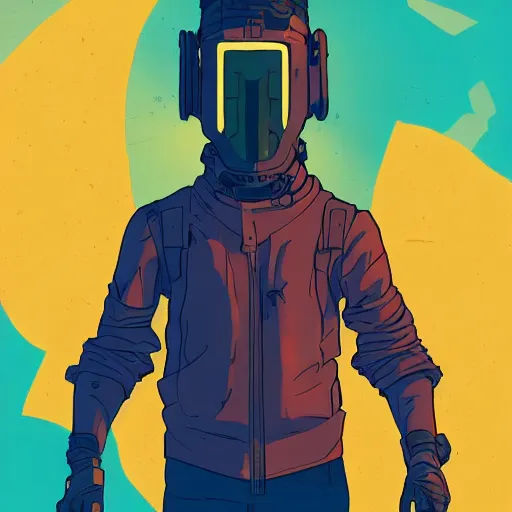 Image similar to in the style of max prentis and deathburger and laurie greasley a young mixed race male explorer wearing a cyberpunk headpiece who is standing on a giant robot head, highly detailed, 8k wallpaper, adventure time colour palette