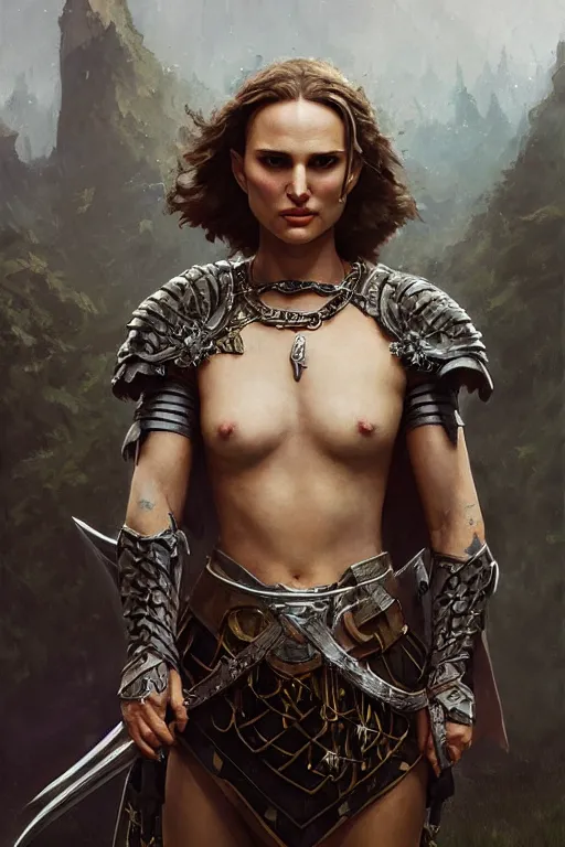 Image similar to natalie portman, legendary warrior, heroic, lord of the rings, tattoos, decorative ornaments, battle armor, by carl spitzweg, ismail inceoglu, vdragan bibin, hans thoma, greg rutkowski, alexandros pyromallis, perfect face, fine details, realistic shading photorealism