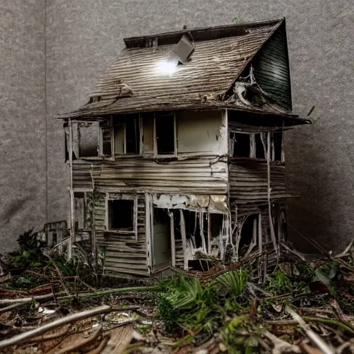 Image similar to a scale model of an abandoned house overtaken by nature sitting on a table inside of the same house