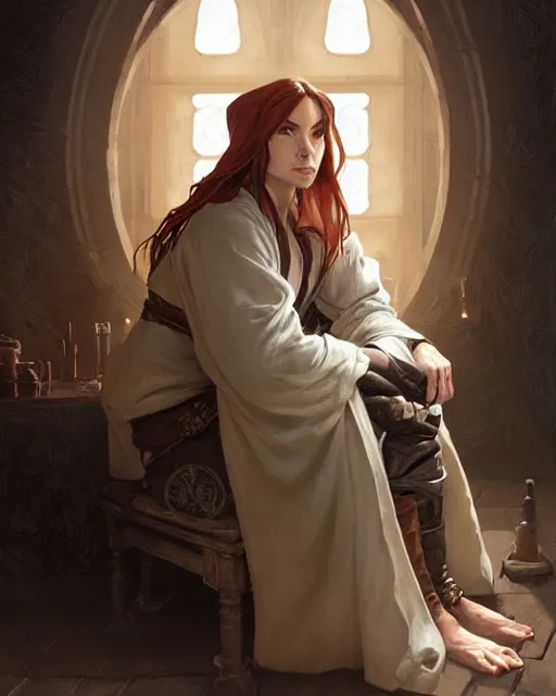 Prompt: a d & d rogue wearing robes, sitting alone in a dim tavern, fantasy character portrait, ultra realistic, intricate, elegant, highly detailed, digital painting, artstaion, smooth, sharp, focus, illustration, art by artgerm and greg rutkowski and alphonse mucha