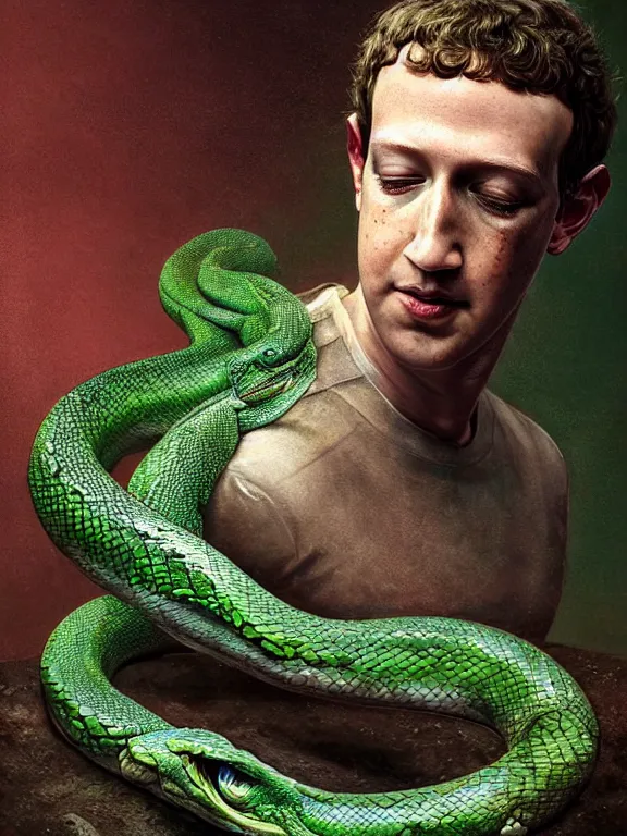 Image similar to portrait of a mark zuckerberg, skin peeling away to reveal green! scales!, forked snake tongue sticking out, art by ryo shiotani and greg rutkowski, intricate, beautiful, cinematic lighting, vintage art by serge ivanoff, high resolution, very detailed