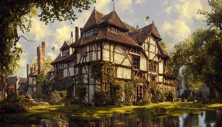 Prompt: portrait of a tudor manor house on a street, fishpond architecture, highly detailed, blue sky, cinematic lighting, digital art painting by greg rutkowski