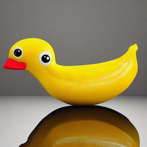 Image similar to banana duck 8k high resolution, super detailed peeled!!! banana with duck beak and small dot eyes. The banana is peeled!!!