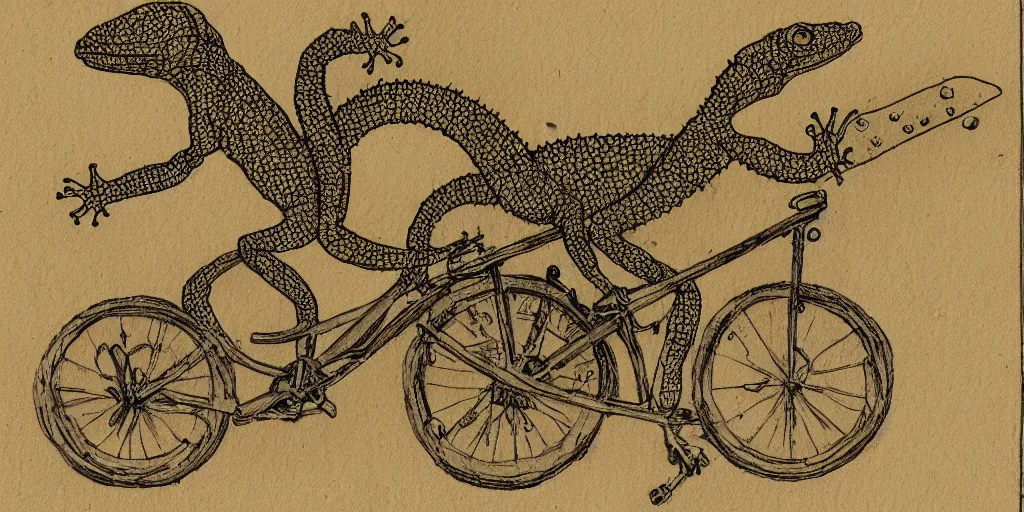 Image similar to a gecko riding a unicycle at dawn, yellowed paper, pen and ink, 1 5 0 0 s, 8 k resolution