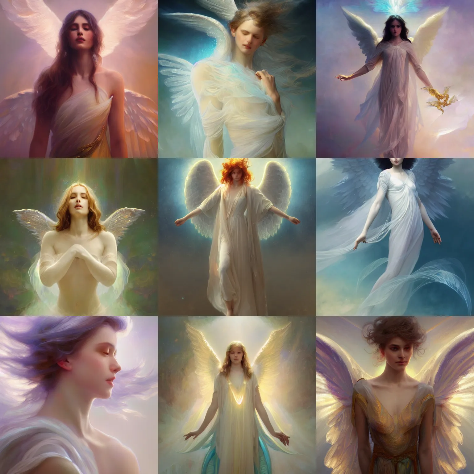 Prompt: high quality painting of beautiful radiant angel, glorious supernatural power, mystical purity, bright halo, symmetrical full body, holographic translucent wings. glowing turbulent mist, smooth white and soft by ruan jia, tom bagshaw, alphonse mucha, vray render, artstation, deviantart, pinterest