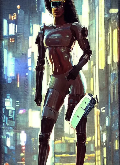 Prompt: Ariana Igwe. Buff Cyberpunk policewoman with robotic legs. Patrolling rainy streets. (Cyberpunk 2077, bladerunner 2049). Gorgeous face. Iranian orientalist portrait by john william waterhouse and Edwin Longsden Long and Theodore Ralli and Nasreddine Dinet, oil on canvas. Cinematic, vivid colors, hyper realism, realistic proportions, dramatic lighting, high detail 4k