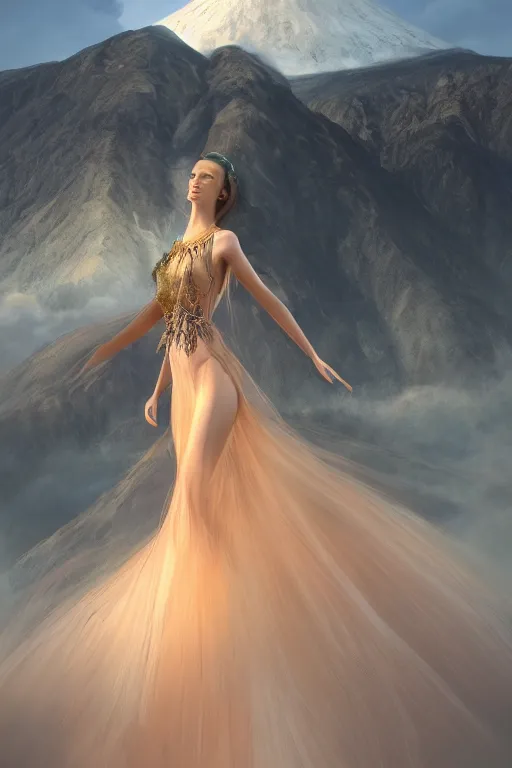 Image similar to a beautiful hyperrealistic ultradetailed 3D, one girl in a magnificent dress stands near a volcano, voge photo, fashion style, fullbody, in full growth, photorealistic, high resolution, trending on artstation, highly detailed, volumetric lighting,artstation, concept art, master illustration, elegant, details, good clear quality, volumetric lighting,