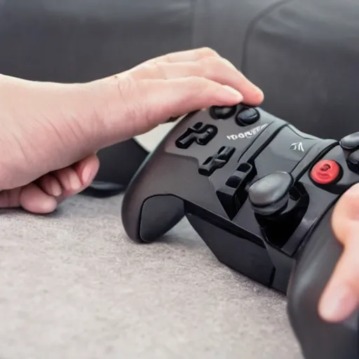Prompt: a video game controller merging with someone's head, while they are still holding onto the controller,