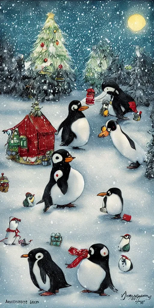 Image similar to a christmas penguins scene by alexander jansson