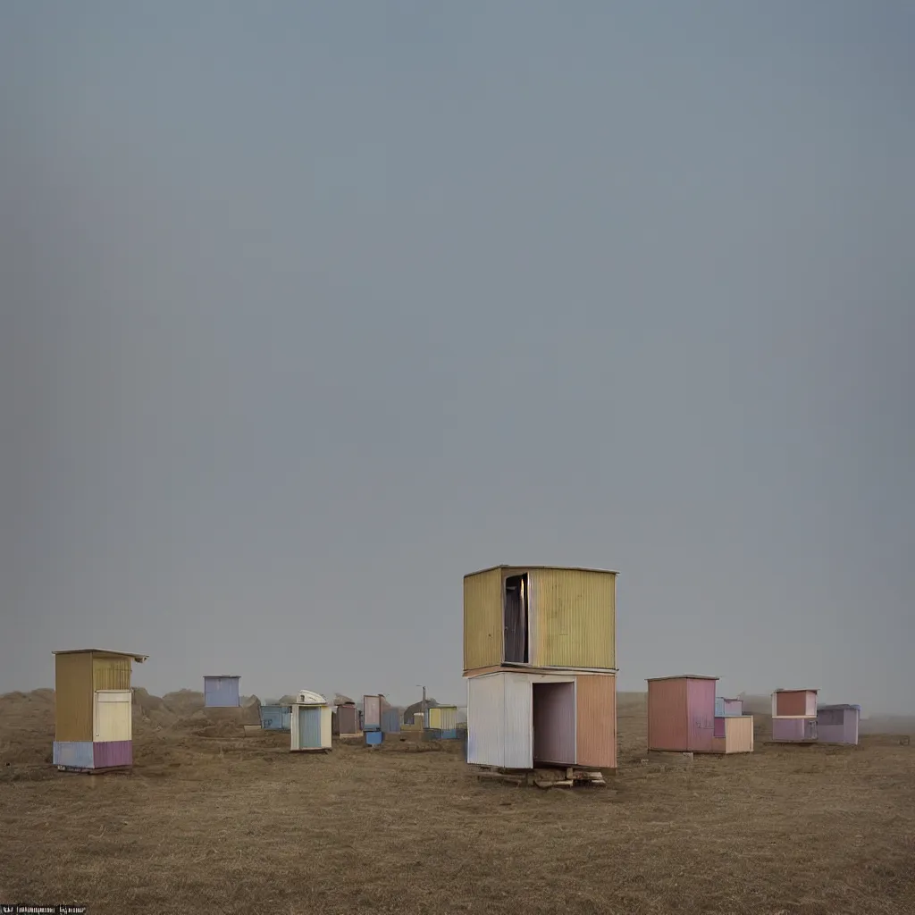 Image similar to vertically stacked makeshift squatter shacks with pastel colours, plain uniform sky at the back, misty, mamiya, ultra sharp, very detailed, photographed by alejandro jodorowsky