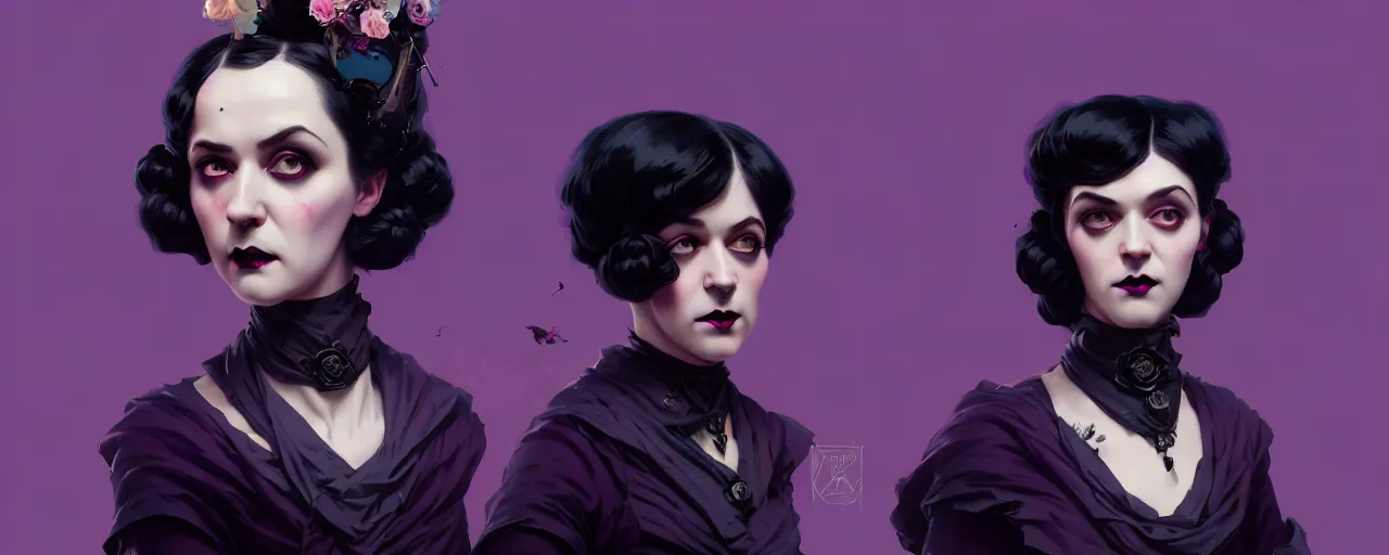 Image similar to duotone dark lilac background noir illustration 3 / 4 portrait of iris von everec black hair in black gothic victorian furneal clothes. eatheral dreamy atmosphere dynamic composition by sachin teng and sergey kolesov and ruan jia and heng z. graffiti art, scifi, fantasy, hyper detailed. octane render. concept art. trending on artstation