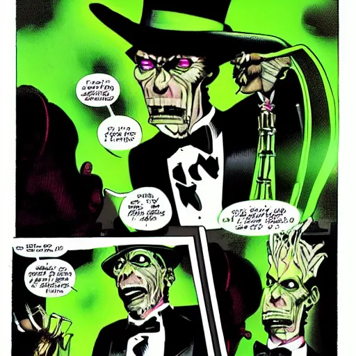 Prompt: tall, skinny, four - armed evil alien voodoo doctor wearing a black neon green tuxedo and top hat, marvel comic book double page