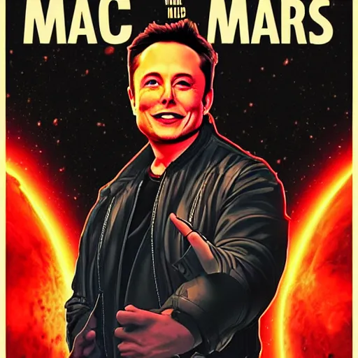 Prompt: movie poster of elon musk as a villain who looks at the planet mars with a macabre smile, his face is illuminated with a red light, drew struzan style