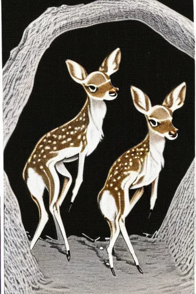 Prompt: A vintage scientific illustration from the 1970s of fawns forming caves with their bodies