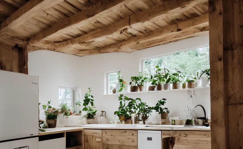 Image similar to interior of an a frame cabin kitchen with many plants, bed, white walls, wood beams, vintage orange fridge, swedish design, natural materials, minimalism, warm wood, earth colors, feng shui, rustic, white, beige, bright, plants, windows with a view of a green park, modernist, 8 k