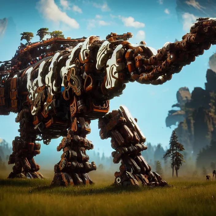 Prompt: full body photograph mechanised mammoth in the style of horizon zero dawn, extremely detailed. dslr. 5 0 mm.