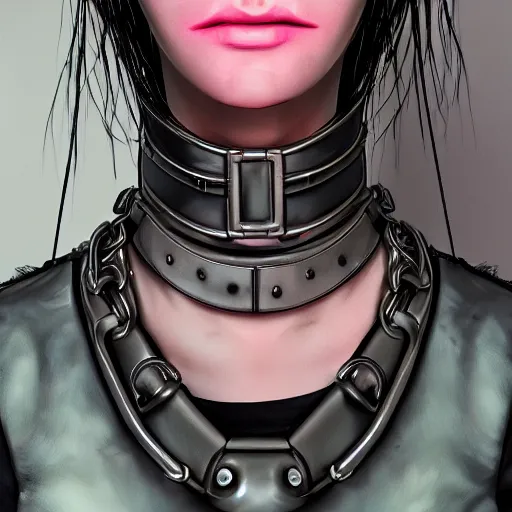 Image similar to detailed realistic female character cyberpunk wearing thick steel collar around neck, realistic, art, beautiful, 4K, collar, choker, collar around neck, punk, artstation, detailed, female, woman, choker, cyberpunk, neon, punk, collar, choker, collar around neck, thick collar, choker around neck, wearing choker, wearing collar, face, beautiful, cyberpunk,