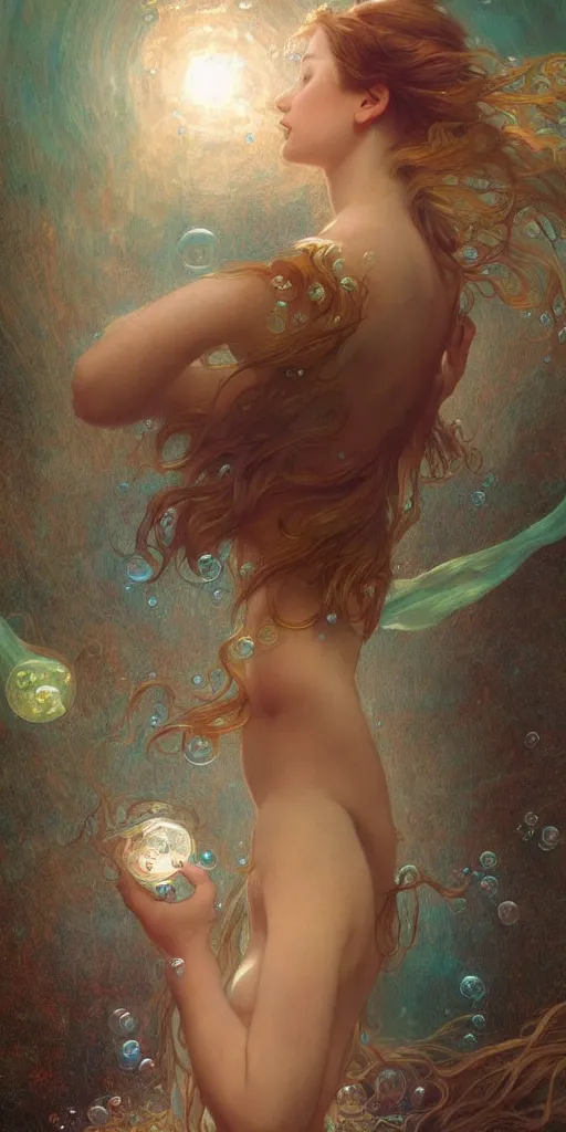 Image similar to hyper realist matte digital painting of a beautiful woman, floating in water, bubbles rising, fantasy art, photo realistic, dynamic lighting, artstation, volumetric lighting, by mucha, by charlie bowater, by karol bak, by alma tadema