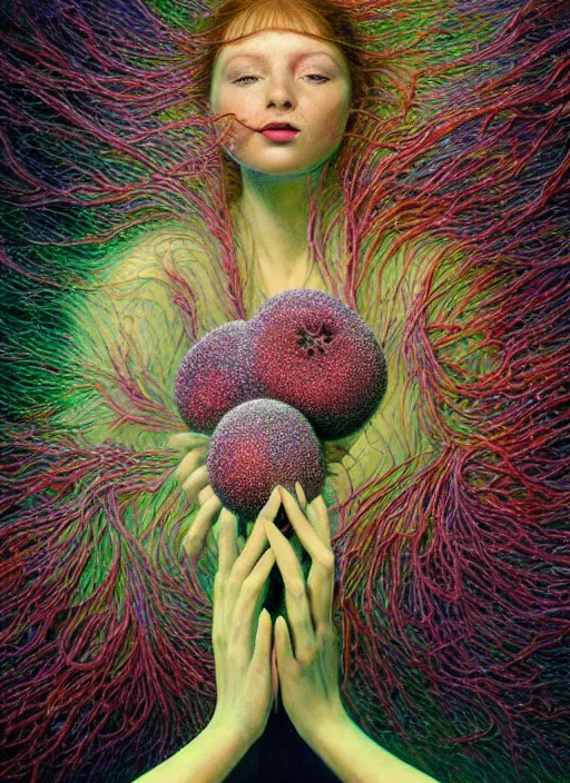 Image similar to hyper detailed 3d render like a Oil painting - Aurora (Singer) Eats of the Strangling Fruit and Her delicate Hands present the gossamer thin polyp celium blossoms bring iridescent fungal flowers whose spores black the foolish stars by Jacek Yerka, Mariusz Lewandowski, Houdini algorithmic generative render, Abstract brush strokes, Masterpiece, Edward Hopper and James Gilleard, Zdzislaw Beksinski, Mark Ryden, Wolfgang Lettl, hints of Yayoi Kasuma, octane render, unreal engine 5 render, 8k