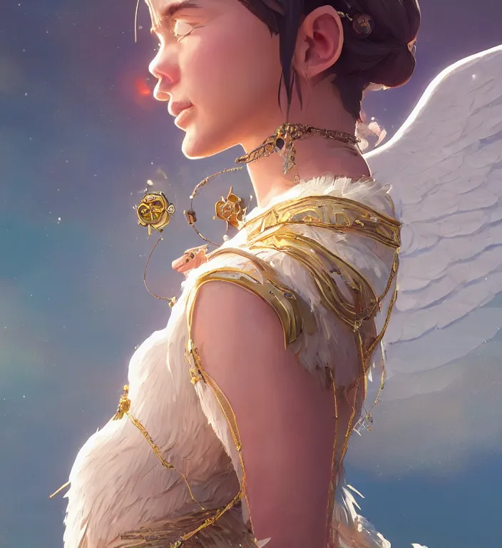 Image similar to centered waist up portrait of an angel wearing an incredible dress with jewelry, bokeh + DOF + 8k, photorealistic + rendered in octane + ultra realistic + backlit + strong rim light + HDRI, HD, by rossdraws, ghibli, breath of the wild, greg rutkowski, trending on artstation