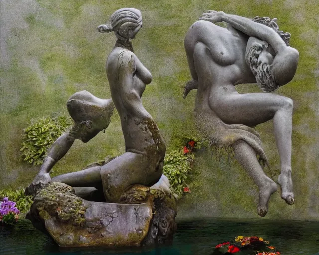 Prompt: titanic ancient god statue bending over a pagan japanese garden by beksinski, focus on the garden with flowers and pagan fountains, very cohesive and vibrant, serenity, hyperminimalist, 8 k, surreal oil painting, highly detailed, dream like, masterpiece