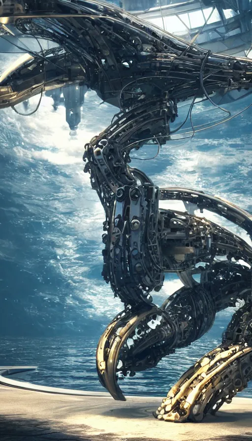 Image similar to summoning a beautiful biomechanical orca spirit from the ocean, organic and robotic, made up of many bits of metal, skin, and plastic, shiny, cyberpunk, hyper realistic, octane render unreal engine render, 8k, super detailed