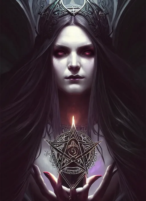 Prompt: Necromancer Sorceress goddess of death, fantasy pentagram magic, undercut hairstyle, dark light night, intricate, elegant, sharp focus, illustration, highly detailed, digital painting, concept art, matte, art by WLOP and Artgerm and Greg Rutkowski and Alphonse Mucha, masterpiece