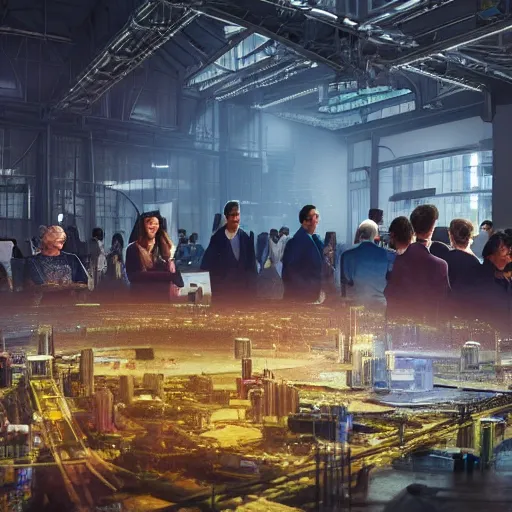 Prompt: large group people in a warehouse, looking at hologram of futuristic city on a table, cinematic concept art, godrays, golden hour, natural sunlight, 4 k, clear details, tabletop model buildings, tabletop model, hologram center, crane shot, crane shot, crane shot