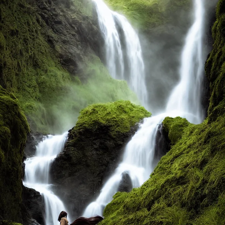 Image similar to dark and moody 1 9 8 0's artistic color spaghetti western film, a woman in a giant billowing wide long flowing waving shining bright white dress, standing inside a green mossy irish rocky scenic landscape, huge waterfall, volumetric lighting, backlit, atmospheric, fog, extremely windy, soft focus