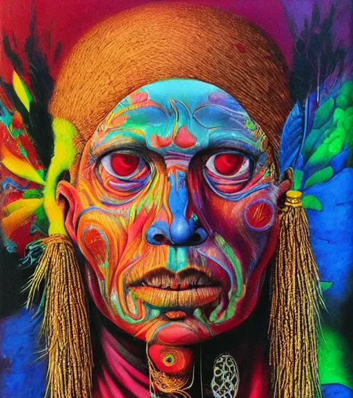 Image similar to Portrait painting in a style of Beksinski mixed with Alex Grey of an old shaman dressed in a colorful traditional clothes. Very psychodelic