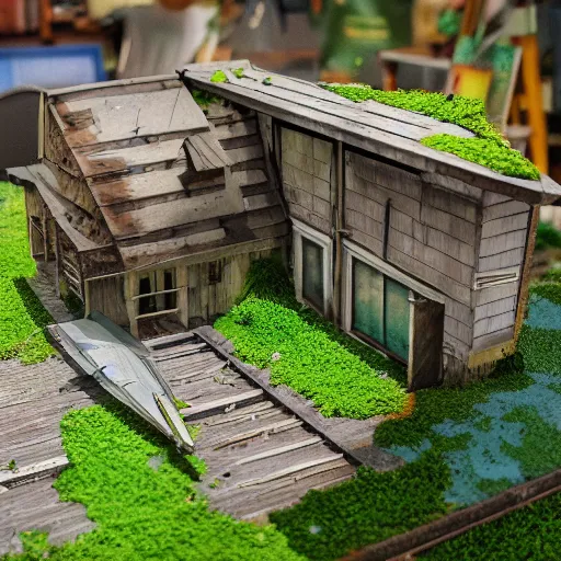 Prompt: workshop model of a building with a green roof, an airbrush painting by marten post, artstation, american scene painting, ultra detailed, diorama, ultra realistic