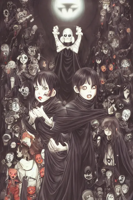 Image similar to spooky and creepypasta halloween night, symmetrical face, anime style, scenery wallpaper aesthetic, cinematic, dramatic, super detailed and intricate, hyper realistic, 4 k render, by artgerm, by kyoung hwan kim, by ralph mcquarrie, by yoshiyuki tomino