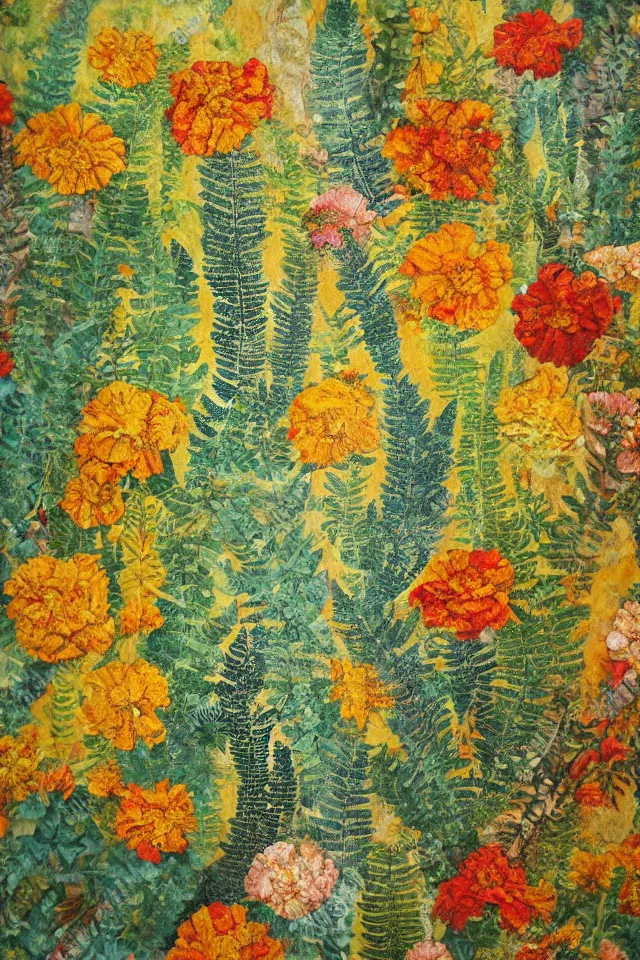Prompt: fresco texture painting of a garden full of ferns and marigold flowers