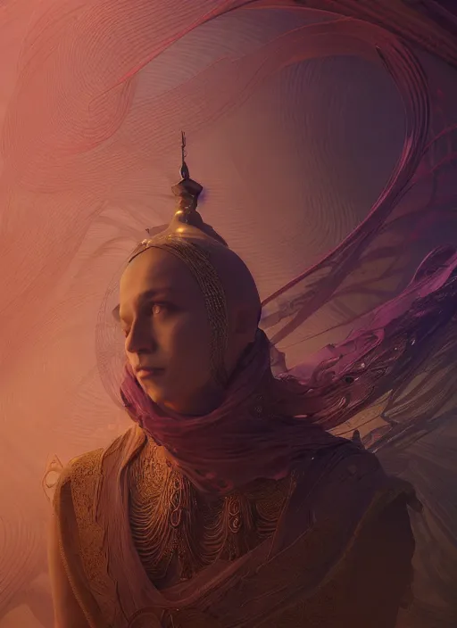 Prompt: arab prince, wooden art nouveau swirls, strong subsurface scattering, cables, tubes, subsurface scattering, in the style of ruan jia and beeple and giger, subsurface scattering, mystical colors, rim light, dramatic lighting, 4 k, stunning scene, raytracing, octane render, trending on artstation