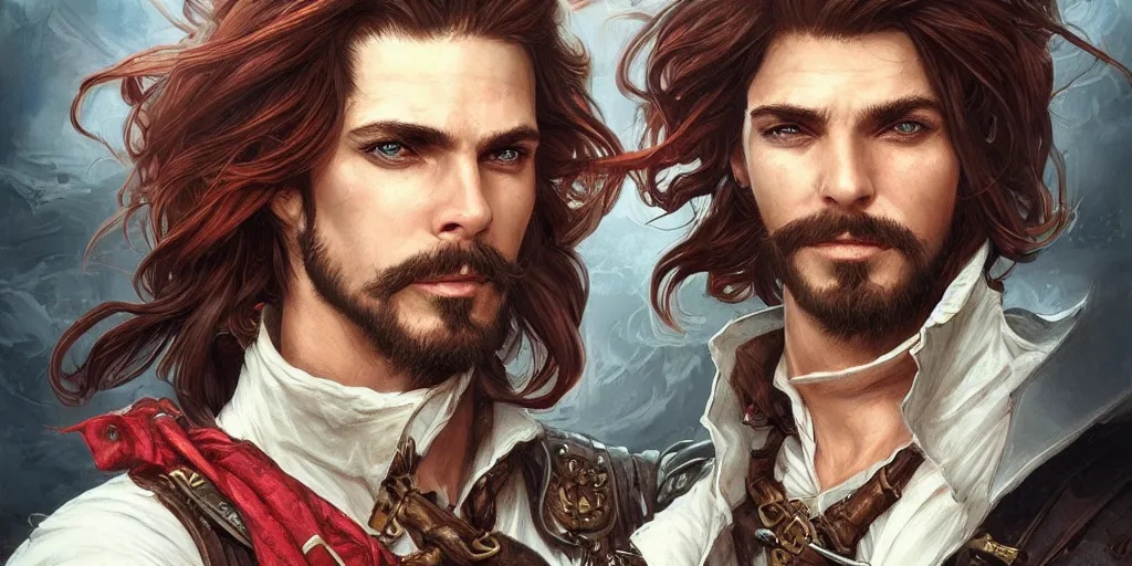 Image similar to 3 / 4 headshot of male airship pirate, d & d, handsome, fantasy, intricate, long hair, airship, steampunk, red hair, elegant, highly detailed, digital painting, artstation, concept art, smooth, sharp focus, illustration, art by artgerm and greg rutkowski and alphonse mucha