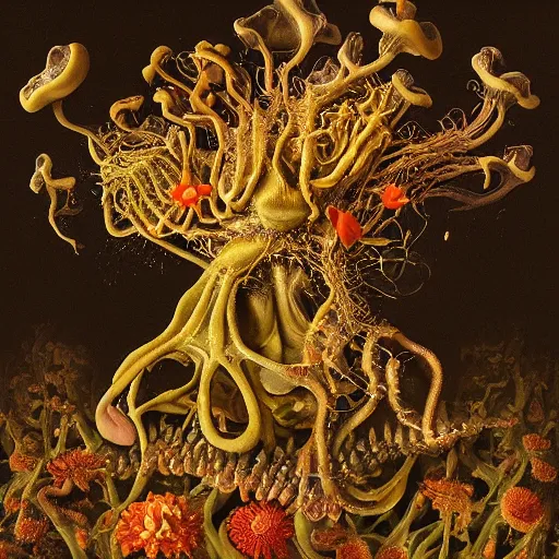 Image similar to disgusting disturbing strange dutch golden age bizarre mutant flower floral still life with many human body parts realistic human toes blossoming everywhere insects very detailed fungus tumor disturbing tendrils bizarre slimy forms sprouting up everywhere by rachel ruysch christian rex van minnen black background chiaroscuro dramatic lighting perfect composition masterpiece high definition 8 k 1 0 8 0 p