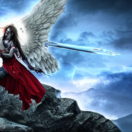 Prompt: epic battle between an angel woman warrior and a demon on top of a mountain, 8 k wallpaper, ultra realistic, digital art