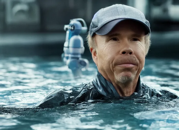 Image similar to film still of Clint Howard in water with robot as Cooper in Interstellar, 4k