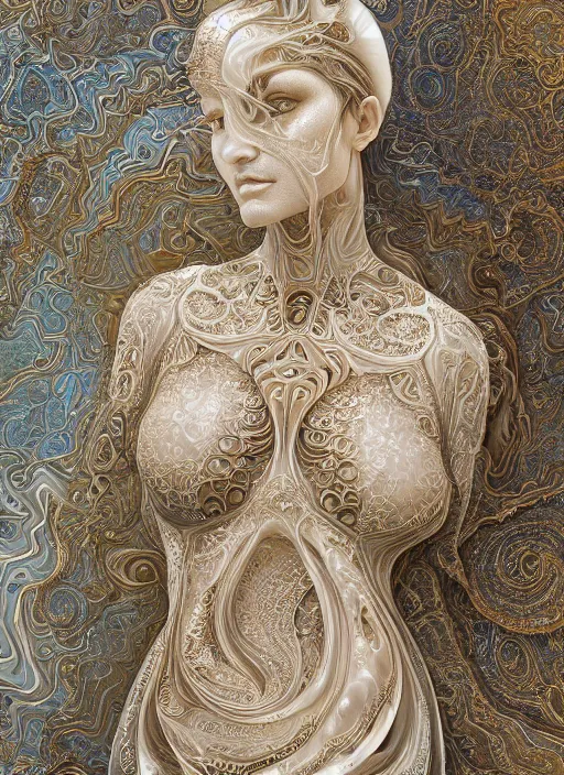 Prompt: opalescent marble sculpture of beautiful woman, glistening, mandelbulb, hypercube, ivory carving, fractal paisley inlay, lace, intricate, gold inlay, metallic, elegant, highly detailed, ivory, artgerm, lace, by ruan jia and greg rutkowski