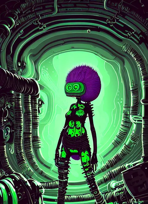 Image similar to highly detailed portrait of an angry wasteland punk long dripping green poison hair tribal android lady, stray wiring by atey ghailan, james gilleard, by joe fenton, by greg rutkowski, by greg tocchini, by kaethe butcher, 4 k resolution, gradient purple, brown black and white color scheme!!! ( ( green flaming robotic sewer background ) )