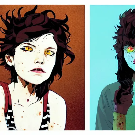 Image similar to Highly detailed portrait of a punk zombie young lady with freckles and brown curly hair hair by Atey Ghailan, by Loish, by Bryan Lee O'Malley, by Cliff Chiang, was inspired by image comics, inspired by scott pilgrim, inspired by graphic novel cover art !!!gold, silver, opal, brown, black, and white color scheme ((grafitti tag brick wall background))