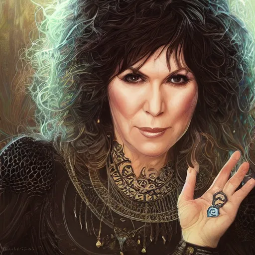 Image similar to a portrait of ann wilson of the band heart as a sorceress, urban motifs, intricate, elegant, highly detailed, digital painting, trending on artstation, concept art, smooth sharp focus, illustration, art by artgerm and greg rutkowski