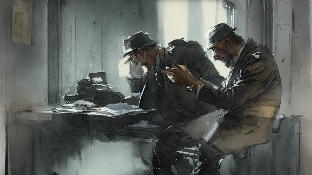 Image similar to closeup of an inspector taking notes inside of an office, watercolored, jakub rozalski, dark colours, dieselpunk, artstation