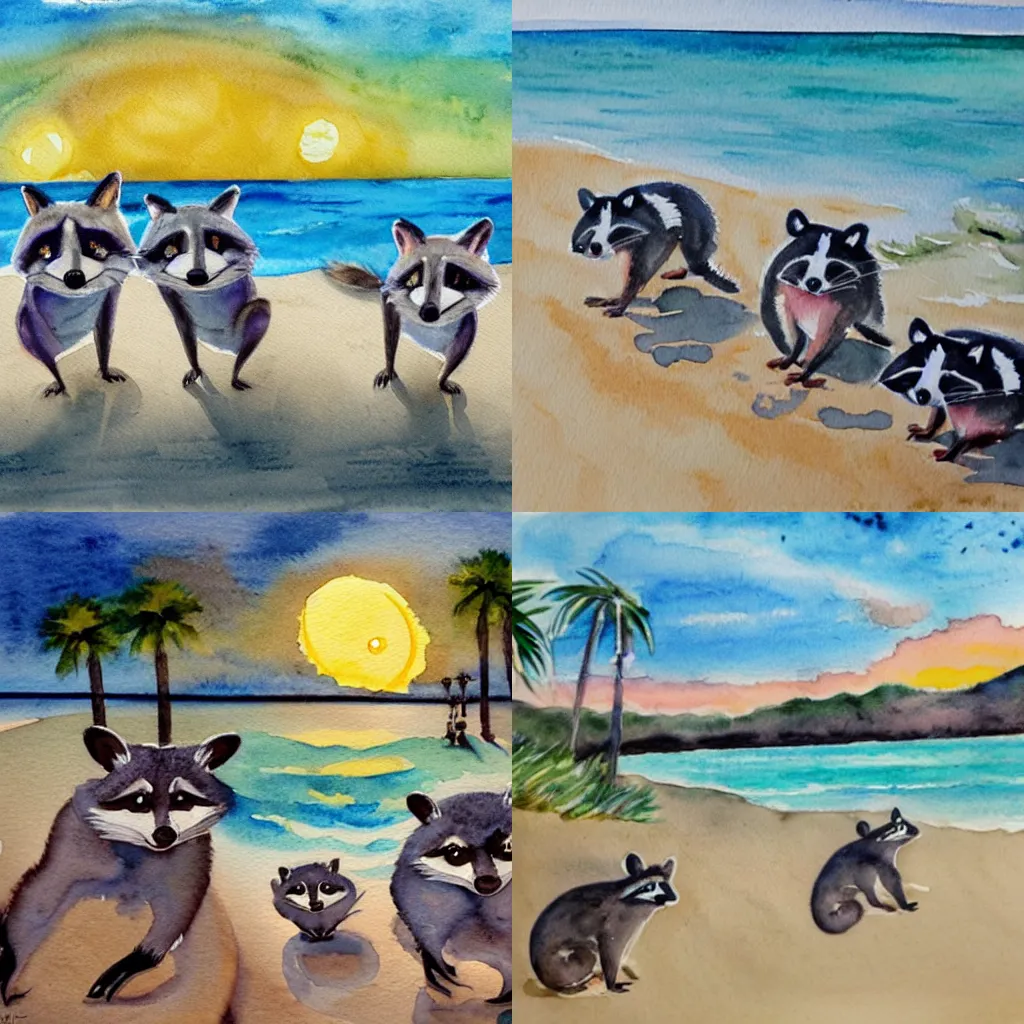 Prompt: Watercolor painting of happy racoons on the beach, going forward to the sunset