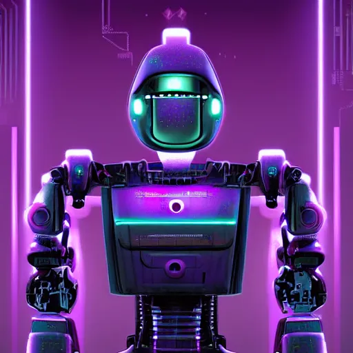 Prompt: hyperrealistic cyberpunk style poster with a robot, purple color theme, dramatic lighting